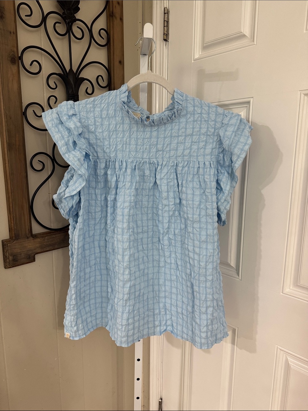 Simply Southern Light Blue Ruffled Seersucker Top